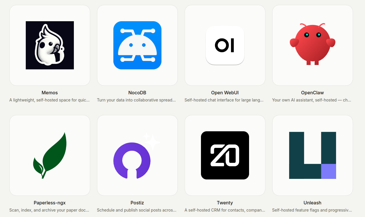 The moose dashboard, showing your installed apps